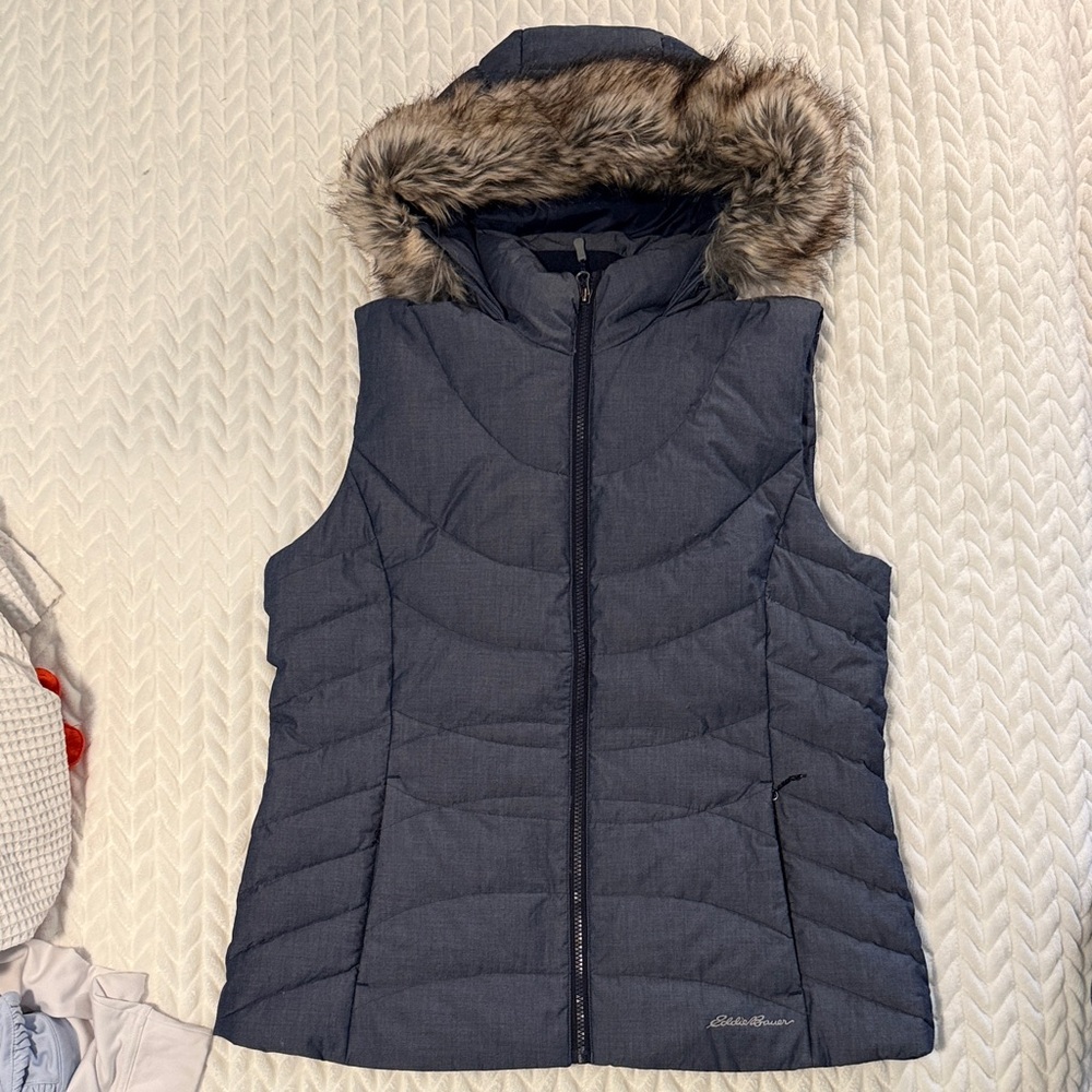 Eddie Bauer Women's Blue Vest with Faux Fur Hood